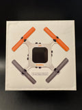 Smart nano drone on retail box, white body with two orange and two gray propellers