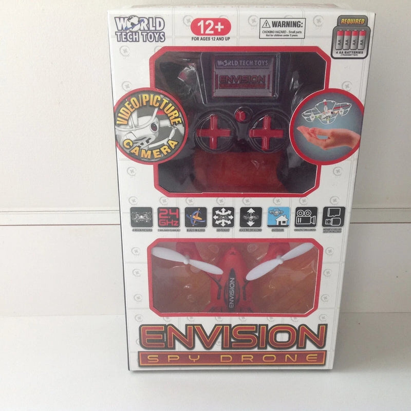 Red 2.4GHz RC spy drone in retail package, Envision Spy Drone box