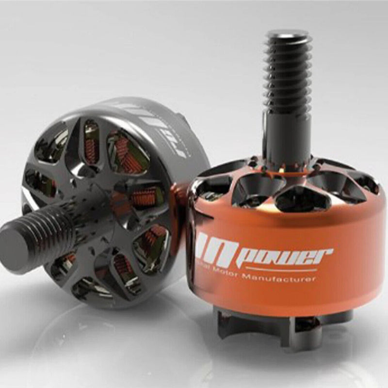 Brushless RC motor with orange housing and silver mounting shaft, cooling fins