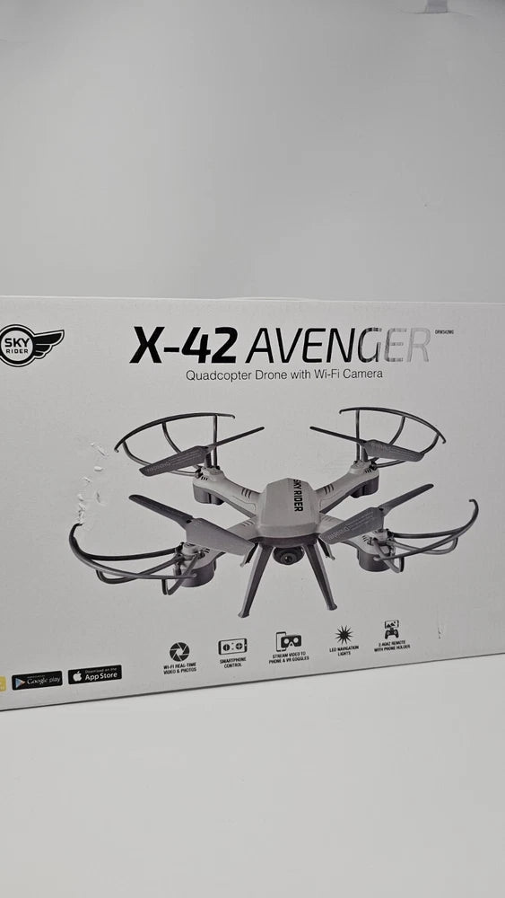 X-42 Avenger quadcopter drone box art, with Wi‑Fi camera, four propellers