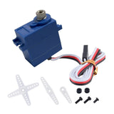 Blue RC metal gear servo with output shaft, wiring harness, mounting brackets and screws