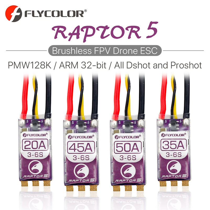 Set of four FLYCOLOR Raptor 5 brushless drone ESCs, red and yellow leads