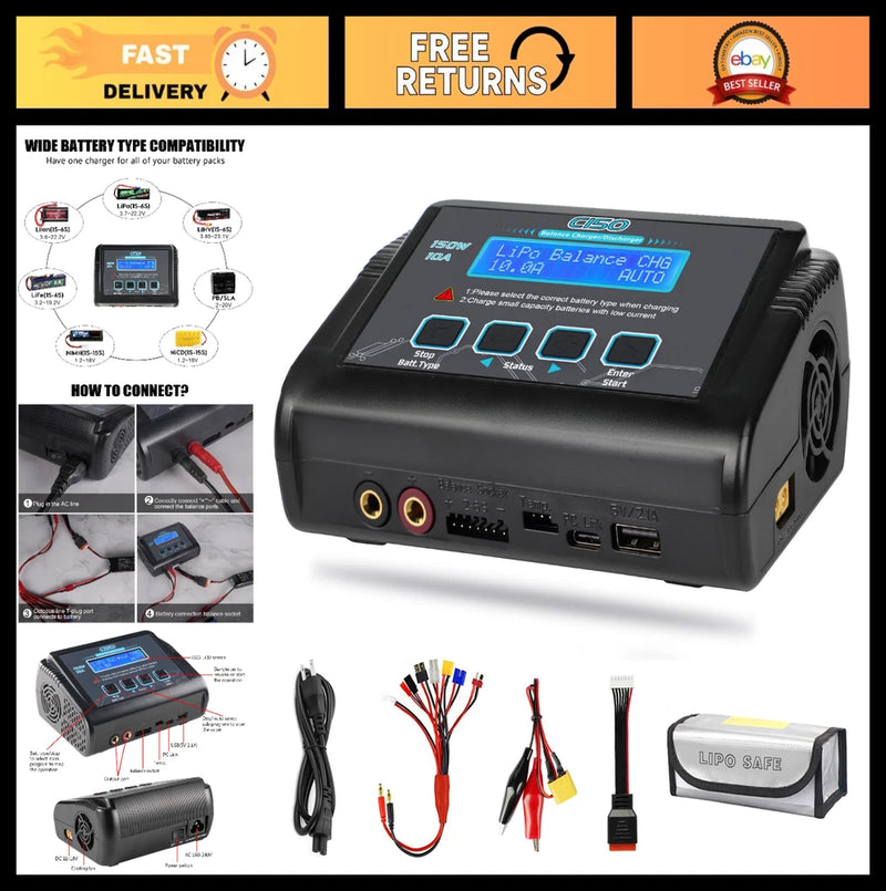 150W 10A RC LiPo Battery Charger & Discharger for 1-6S Li-ion, NiMH, Drone, Car Battery