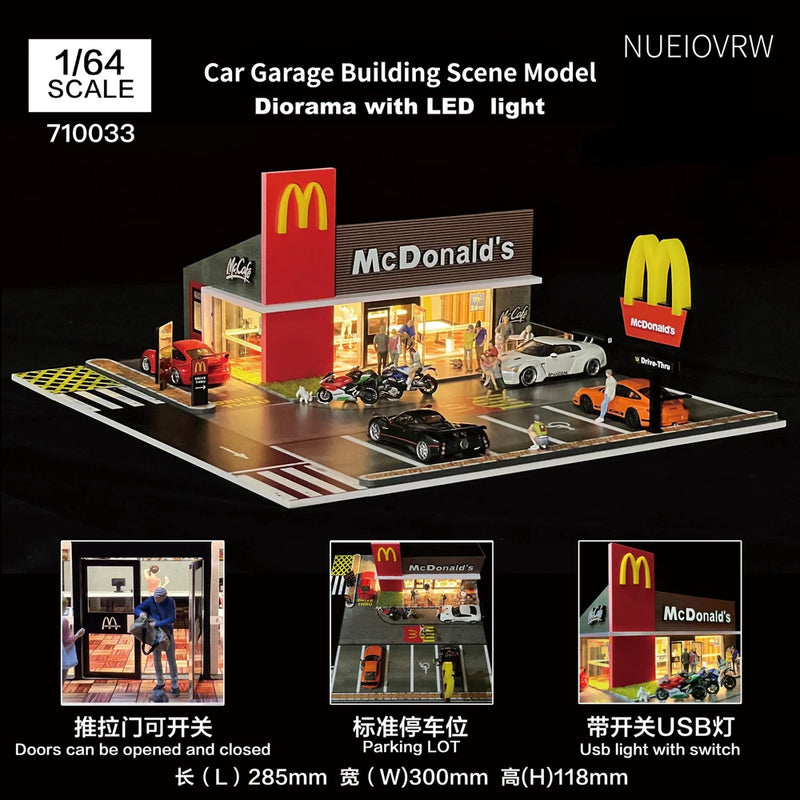 1:64 car garage diorama with LED light, parking lot, multiple toy cars and signage