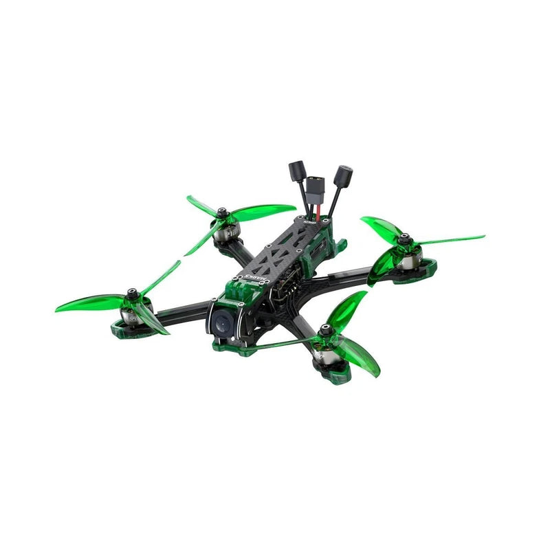 Green and black quadcopter drone with four propellers and front camera module