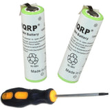 Pair of cylindrical Ni-MH rechargeable batteries, green caps and printed labels