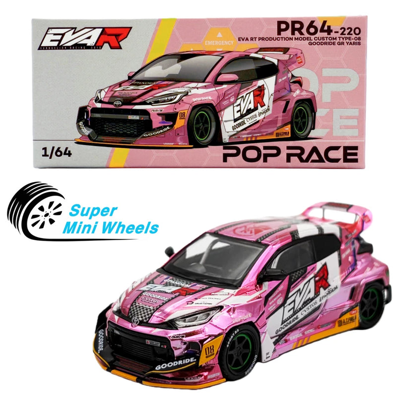 Pink race car model, black grille and hood graphics, front 3/4 view, 1/64 scale