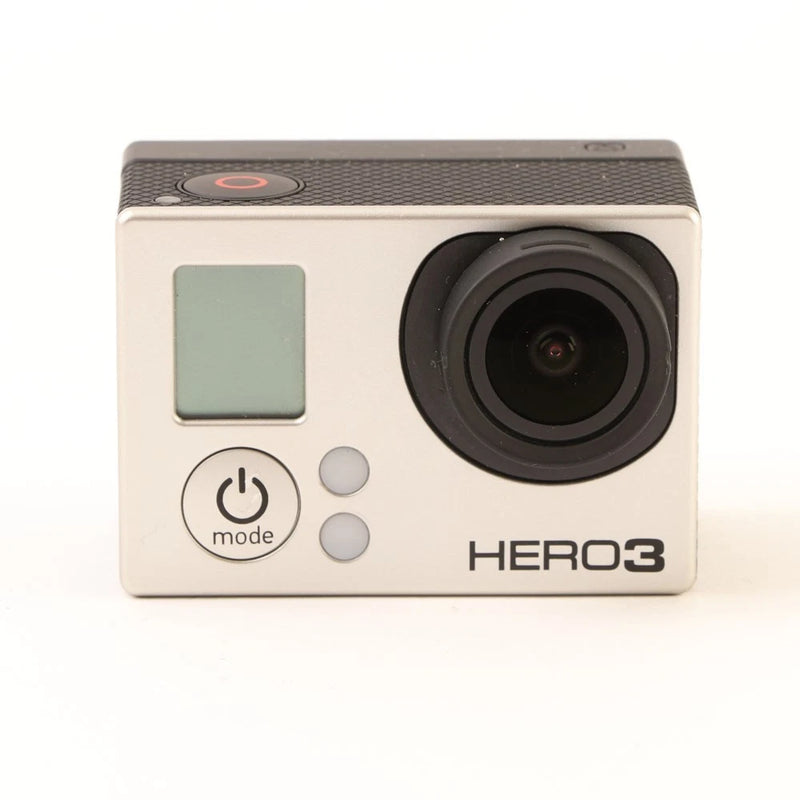 Silver HERO3 action camera with black lens, front display, and mode buttons