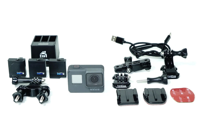 Action camera bundle with HERO6 camera, mounts, batteries, and accessories
