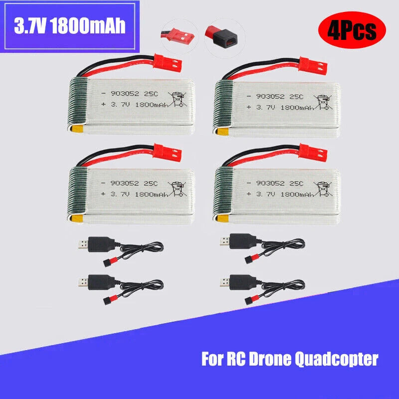 Set of four 3.7V 1800mAh LiPo batteries with red JST plug and charging leads
