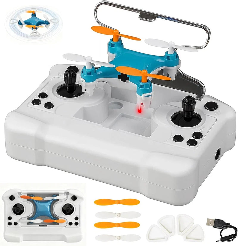 Blue-and-orange mini drone with 360° trick blades on white controller