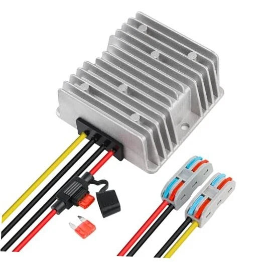 DC voltage converter module with aluminum heat sink and DC wiring terminals