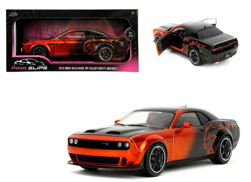 Orange and black 1:18 die-cast model car with SRT hood decal, Jada