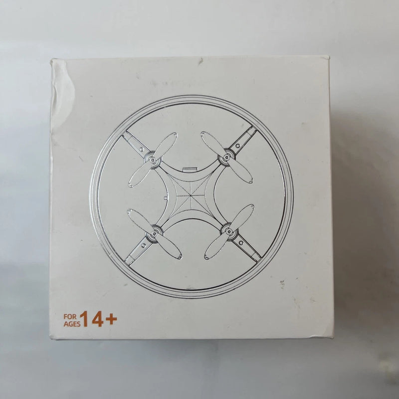 Mini UFO style drone box with 4-propeller circular illustration, for ages 14+