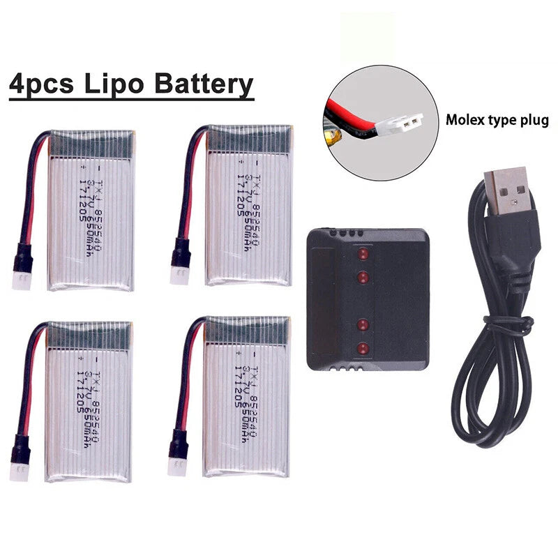 4pcs 650mAh 3.7V Lipo Battery with 4 in 1 USB Charger for RC UAV Drone Vehicle Battery