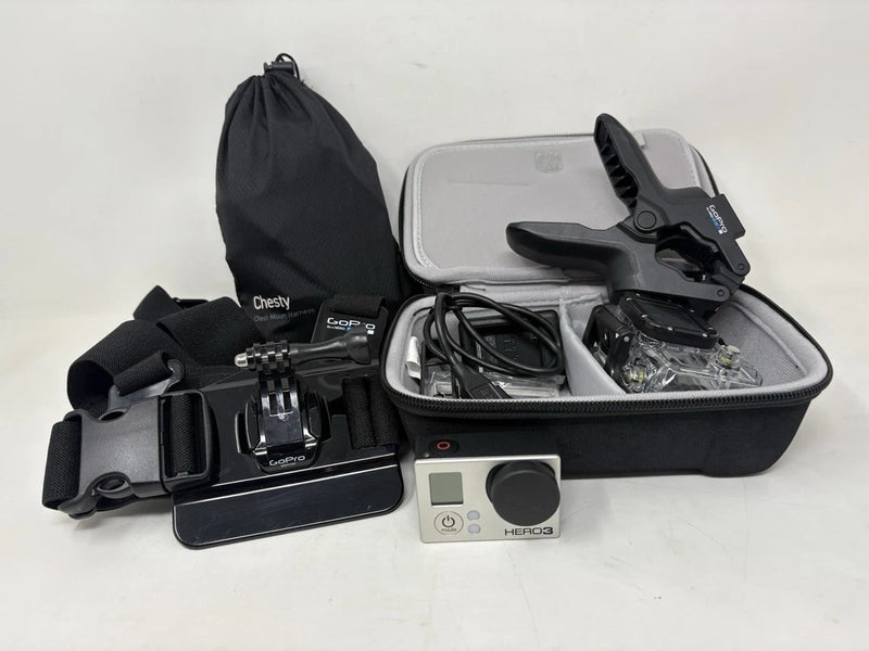 GoPro HERO3 Black camera bundle with chest mount, case, straps, and accessories