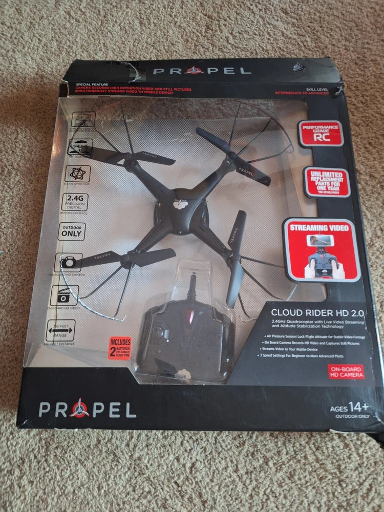 PROPEL Cloud Rider HD 2.0 drone retail box with illustrated quadcopter and RC icons