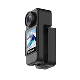 Black pocket action camera with front lens and side screen display