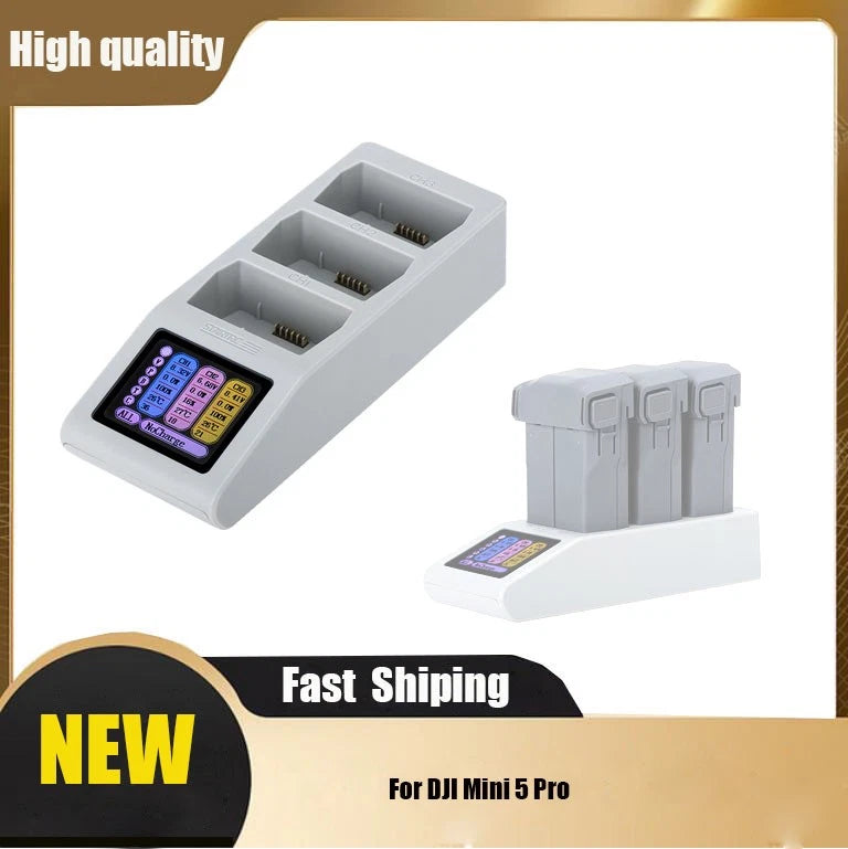 Drone battery charging hub with LCD screen, three battery slots, gray dock