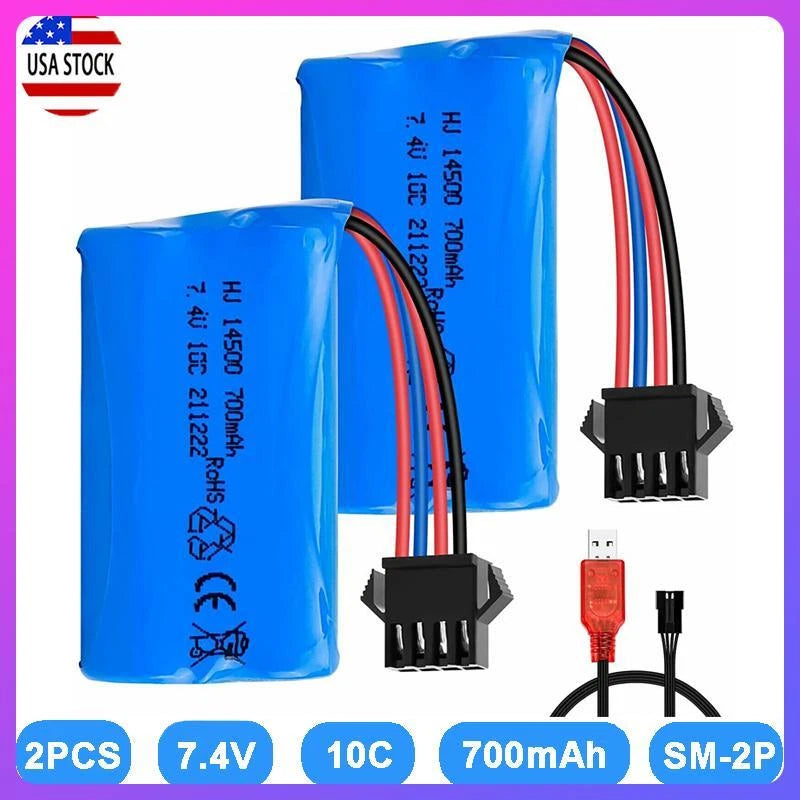 2Pack 7.4V 700mAh SM-4P Plug Li-ion Battery for RC Car Boat Truck w/ USB Charger