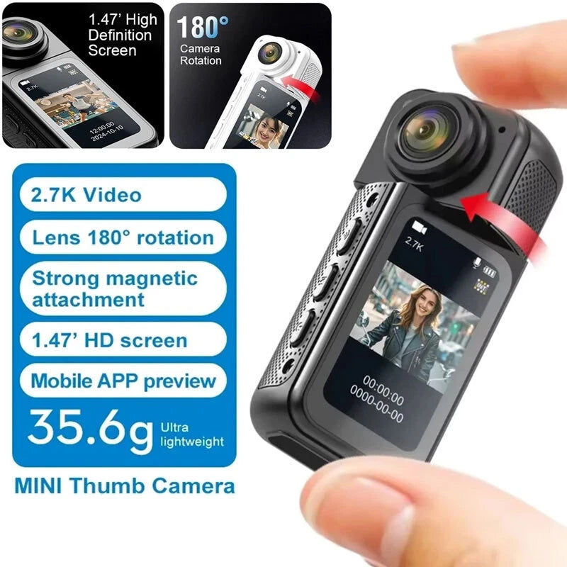 Mini thumb action camera with front lens and handheld body, small display screen