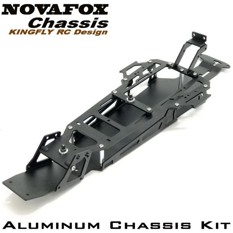 Black aluminum RC buggy chassis kit with mounting plates and roll-cage brace