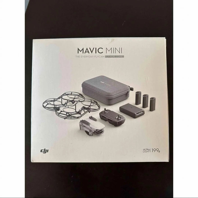 DJI Mavic Mini combo box showing drone, controller, batteries, and carry case
