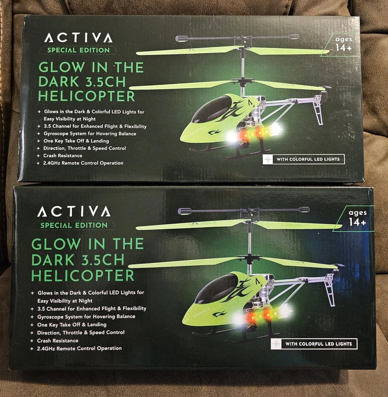 Lot Of 2 Activa Glow in the Dark 3.5CH RC Helicopters 1 Blue/1 Green New In Box
