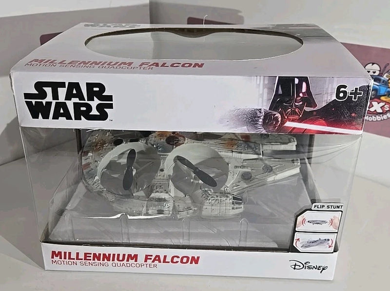 Millennium Falcon motion-sensing stunt quadcopter drone in retail box, flip stunt feature