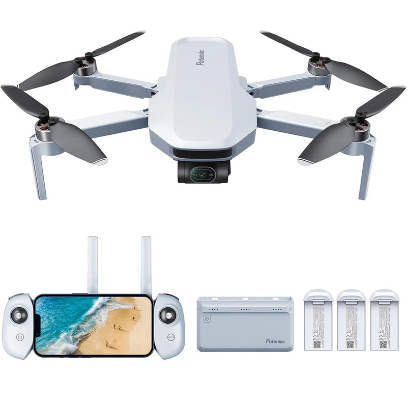 Refurbished drone with four foldable propellers and white controller with screen