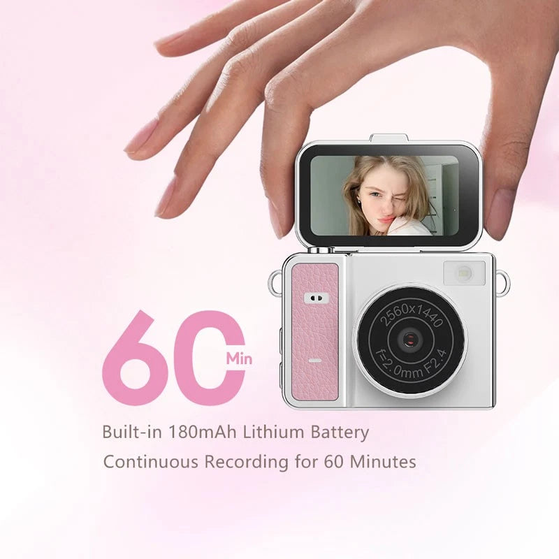 Mini keychain action camera with open screen display and pink side panel