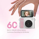 Mini keychain action camera with open screen display and pink side panel
