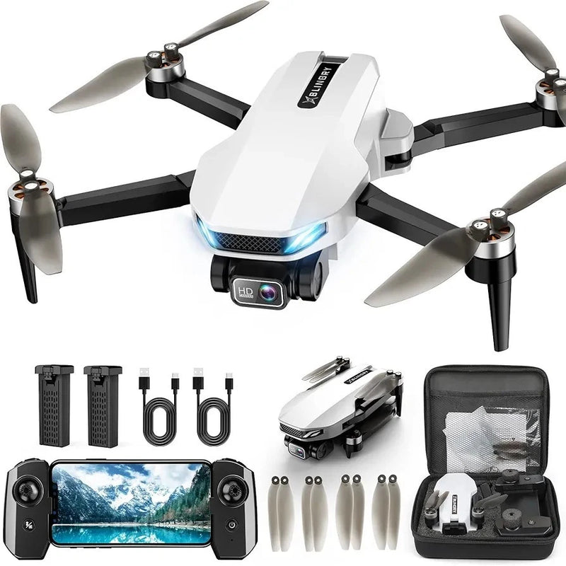 GPS camera drone kit: white drone with 4 propellers, camera and remote