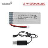 3.7V 900mAh Li-po battery pack with red/black leads, printed label, and USB charger cable