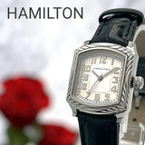 Hamilton silver ladies quartz wristwatch with black leather strap and Roman numeral dial