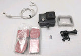 GoPro action camera with waterproof case and red mount accessories, clear housing