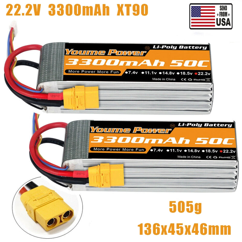 Youme 2pcs 6S 3300mAh Lipo Battery XT90 50C Soft Case 22.2V RC Lipo Batteries Battery