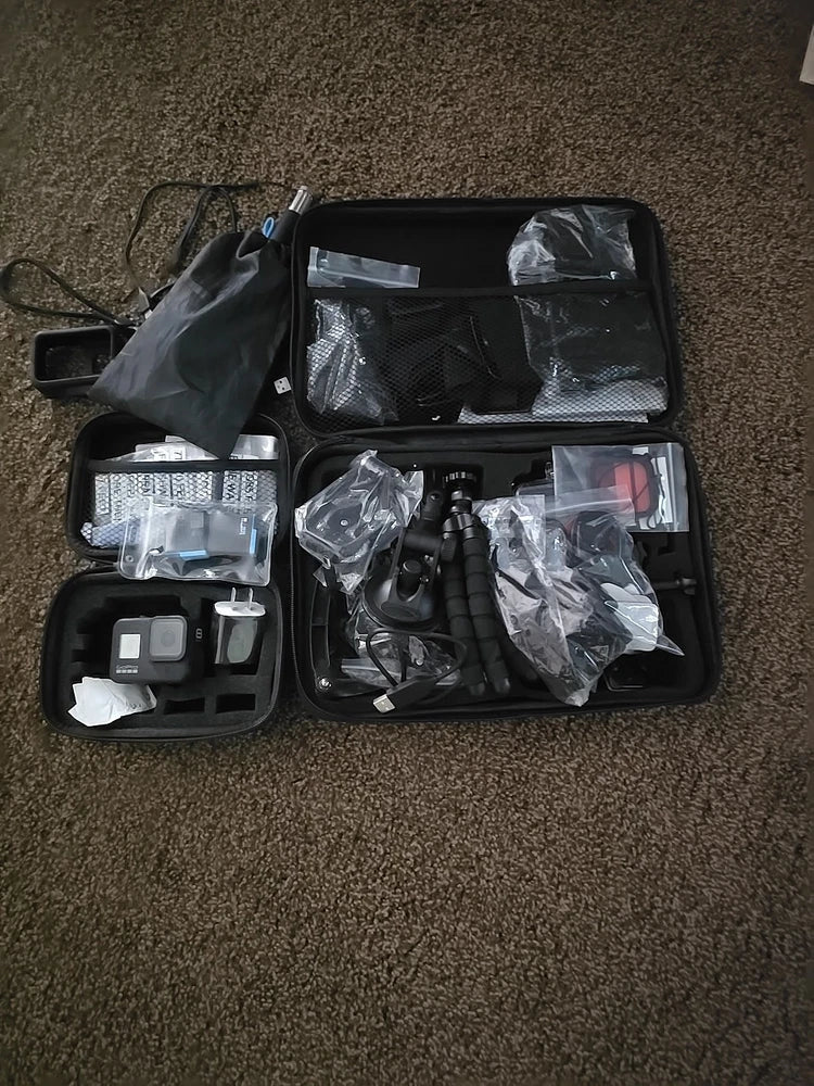 Black waterproof action camera accessories bundle in zippered hard case with compartments