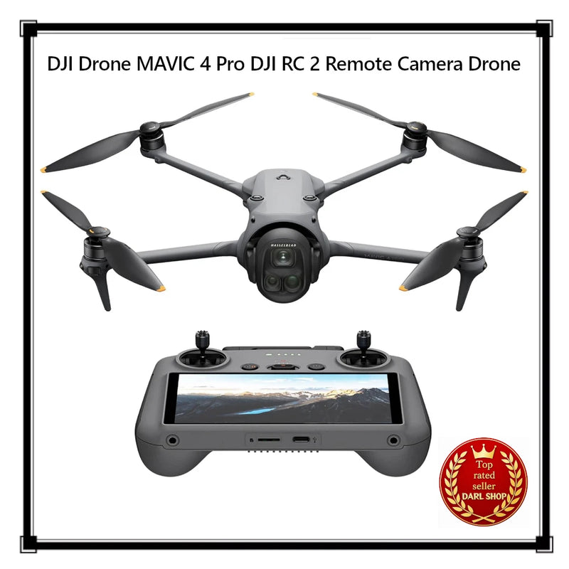 DJI drone with quad propellers and grey RC controller with screen