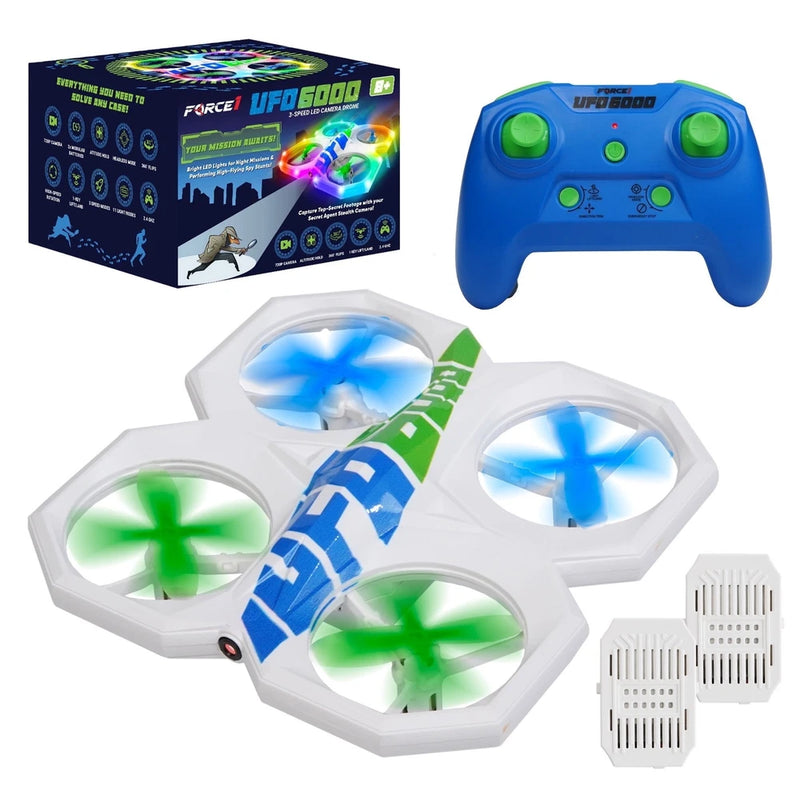 Mini RC stunt drone with blue controller and multicolor LED lights, four propellers
