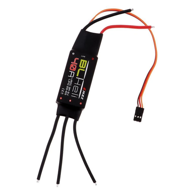 EAMX BLheli 40A ESC motor controller with black case and three wire leads
