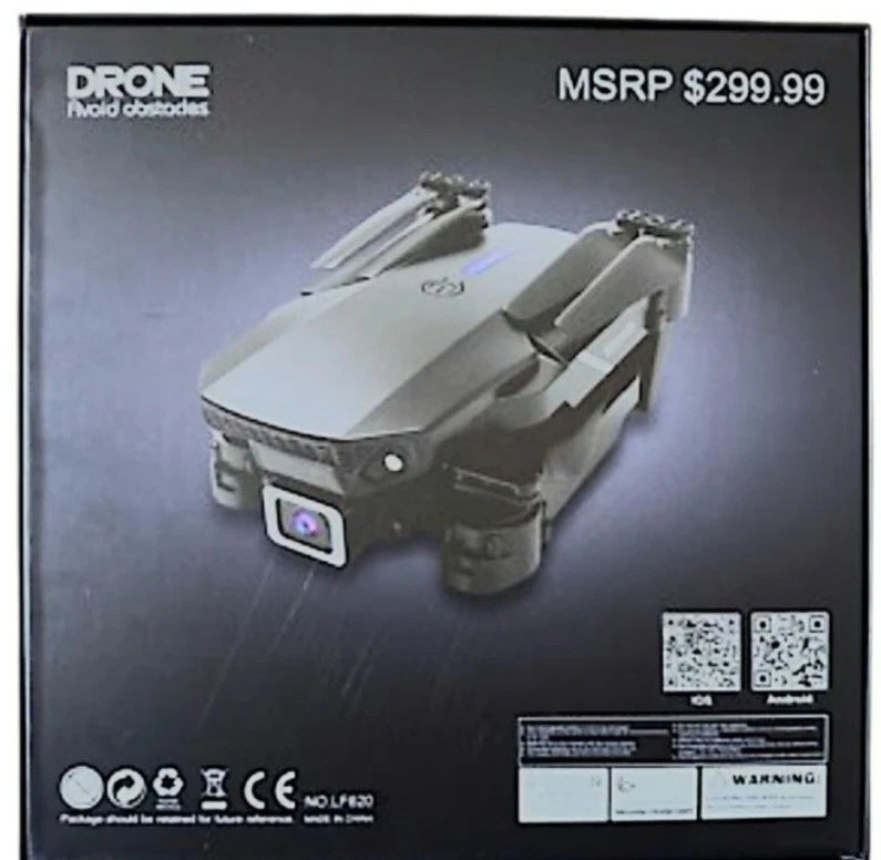 White quadcopter drone with front obstacle-sensing camera window