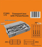 Grey 1/72 transport box kit with Panzerfaust launcher tubes and 3D-printed parts