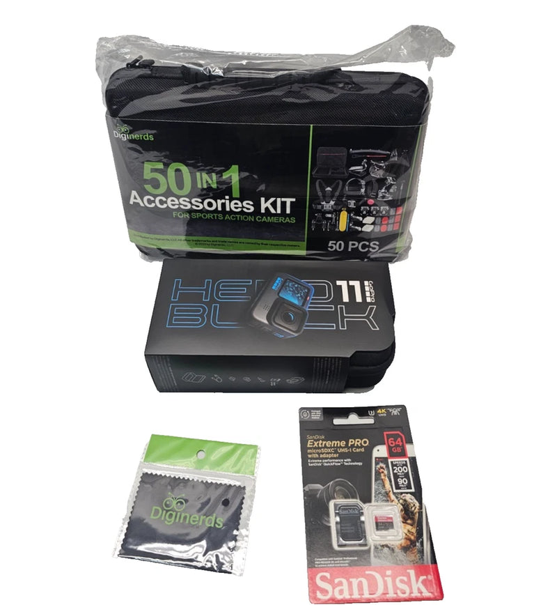 GoPro HERO11 action camera accessory kit with 2 batteries and SanDisk 64GB card