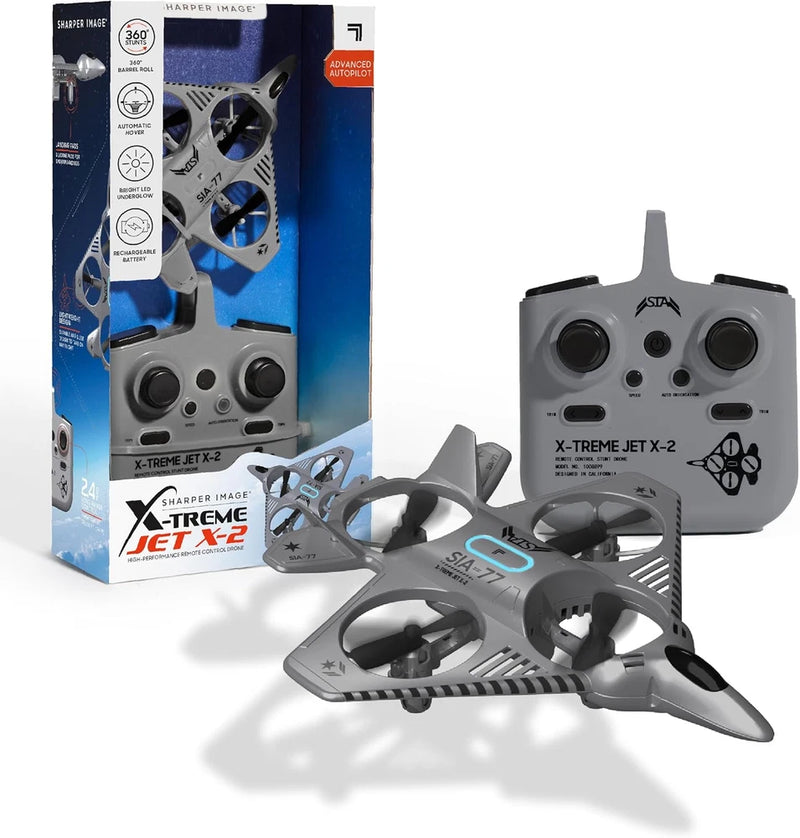 Gray RC quadcopter drone with four propellers and handheld remote controller