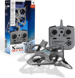 Gray RC quadcopter drone with four propellers and handheld remote controller