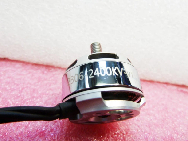 FPV drone brushless motor with 2400KV label and black wire, silver body