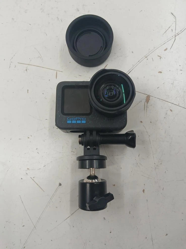 GoPro black action camera with front lens and mounting bracket
