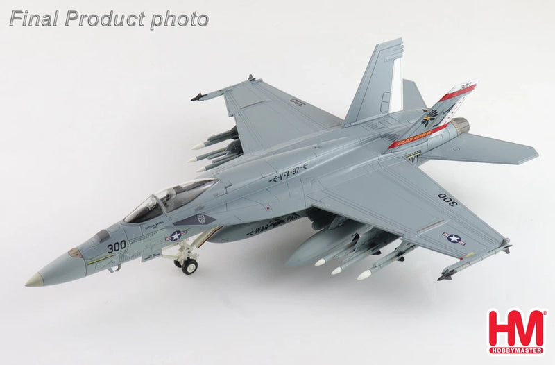 Hobby Master F/A-18E 1/72 model fighter jet, gray with missiles and landing gear