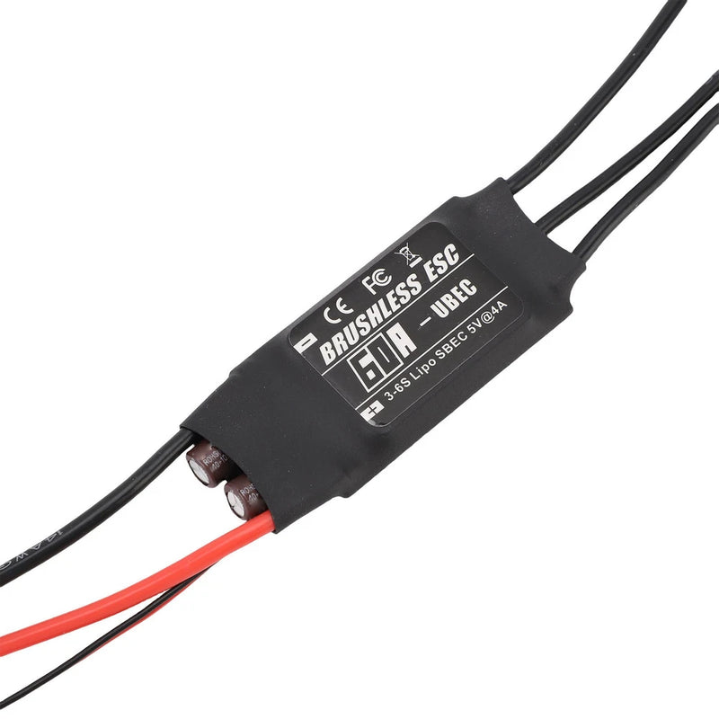 Brushless ESC module with black casing and red/black input wires, printed label